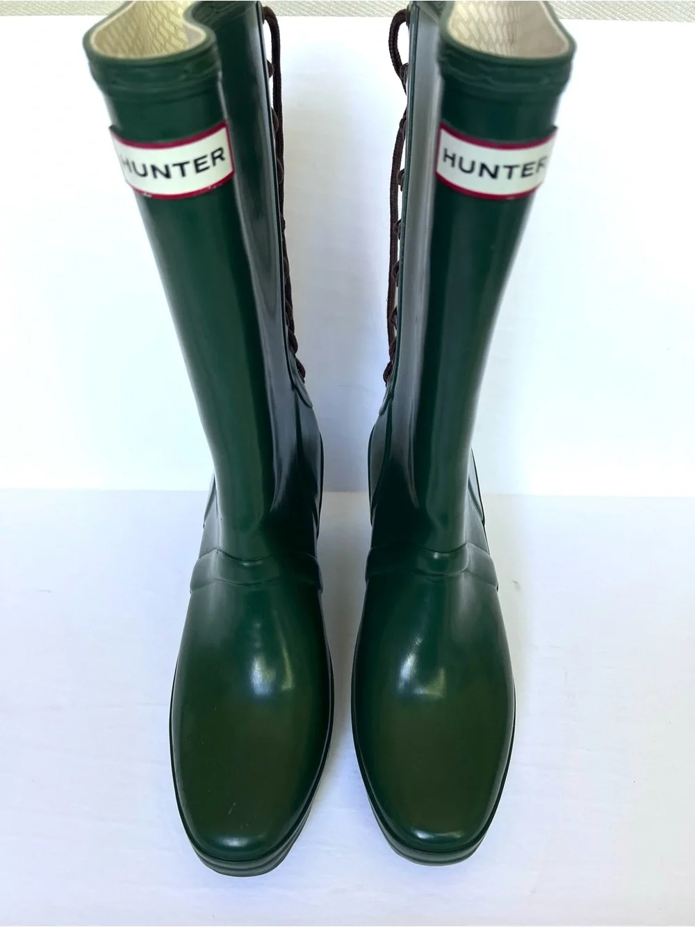 Hunter Dark Green Lace-Up Wedge Rain Boots